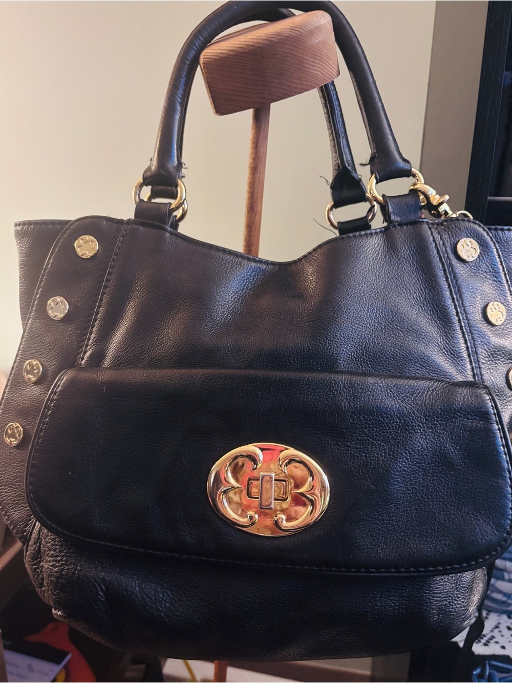 Emma Fox Black Leather Shoulder Bag with Gold Hardware and Front Flap